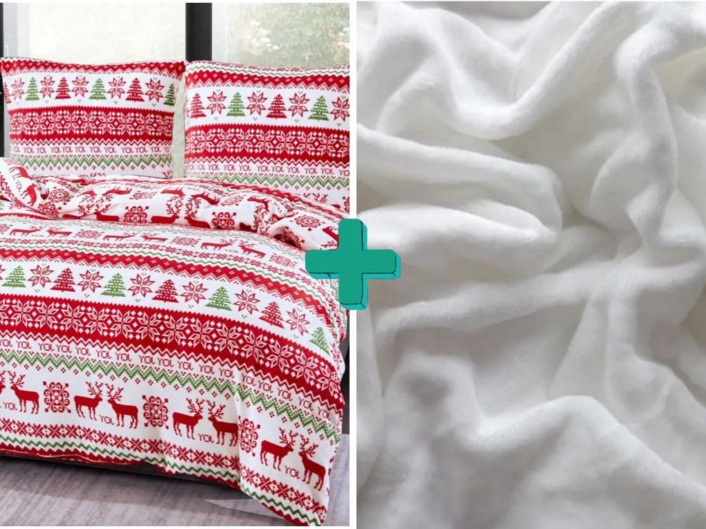 2x lenjerie de pat din microplus CHRISTMAS JOY alb + cearsaf din microplus SOFT 180x200 cm alb