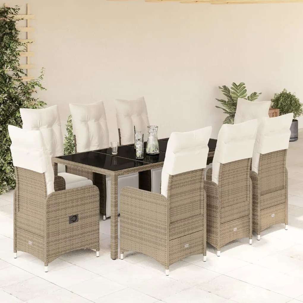 3277214 vidaXL Set bistro de grădină cu perne, 9 piese, maro, poliratan