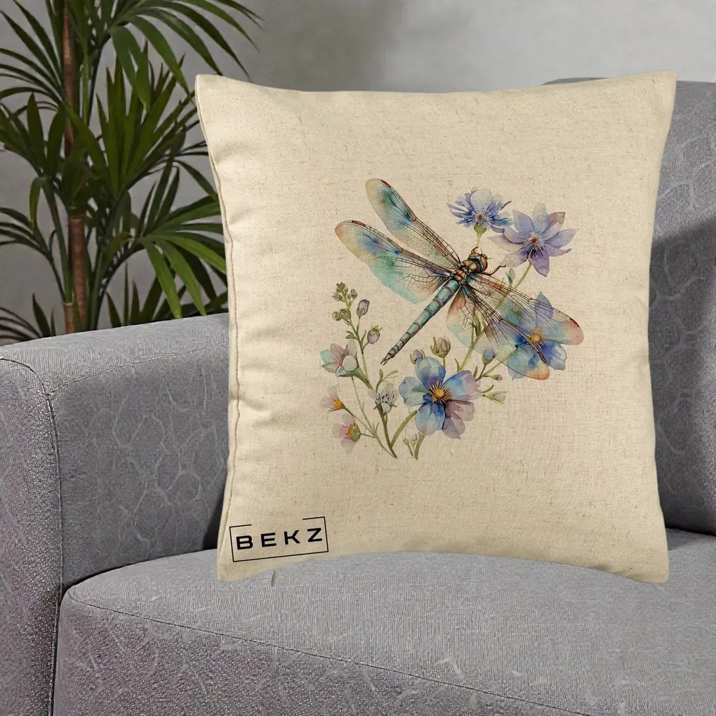 Perna Decorativa Libelula Acuarela Flori Albastre, 40x40 cm, Bej, Husa Detasabila, Perna Inclusa, BEKZ®