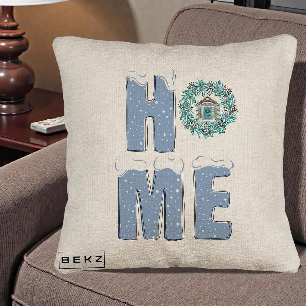Perna Decorativa HOME Iarna cu Coroana, 40x40 cm, Bej Canapea, Husa Detasabila, Perna Inclusa, BEKZ®