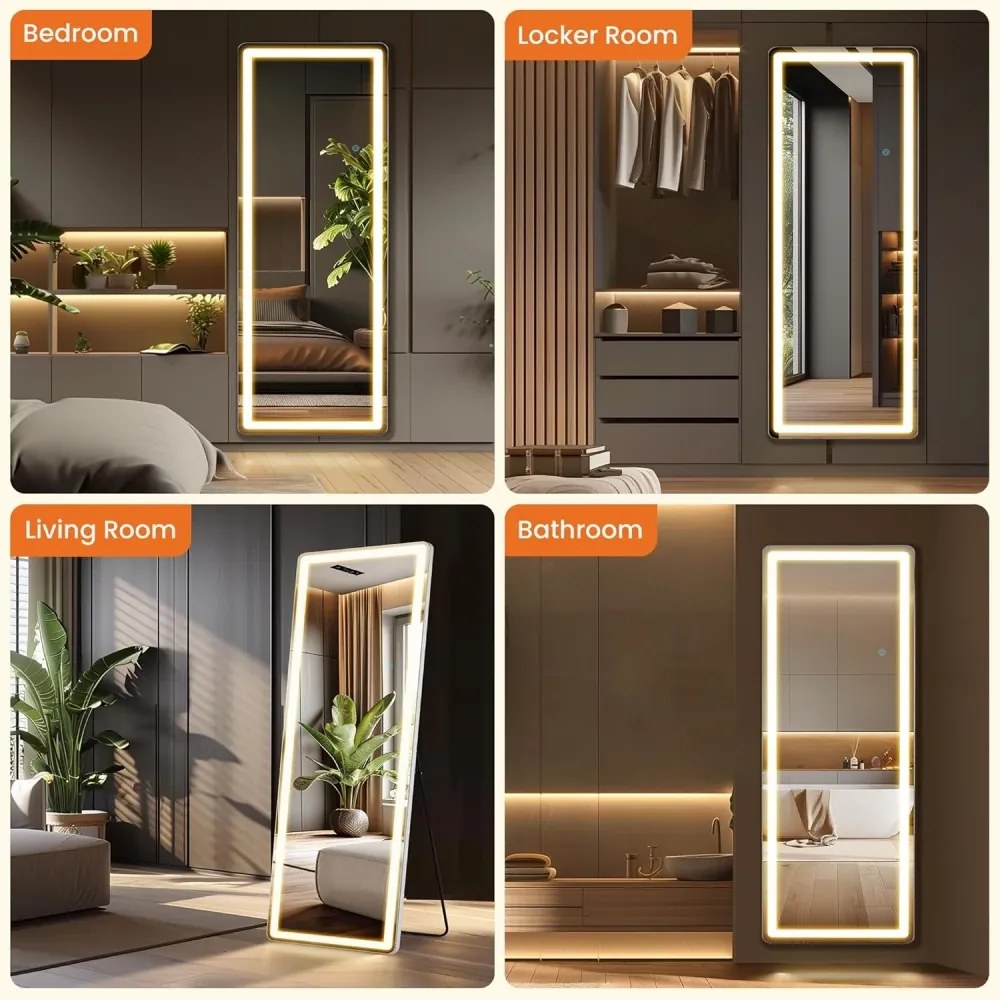 Oglindă LED Dreptunghiulară, 3 tipuri de Culoare, Intensitate reglabilă, Control Touch, Sticlă HD, Cadru Aluminiu, cu Suport, 160x50 cm