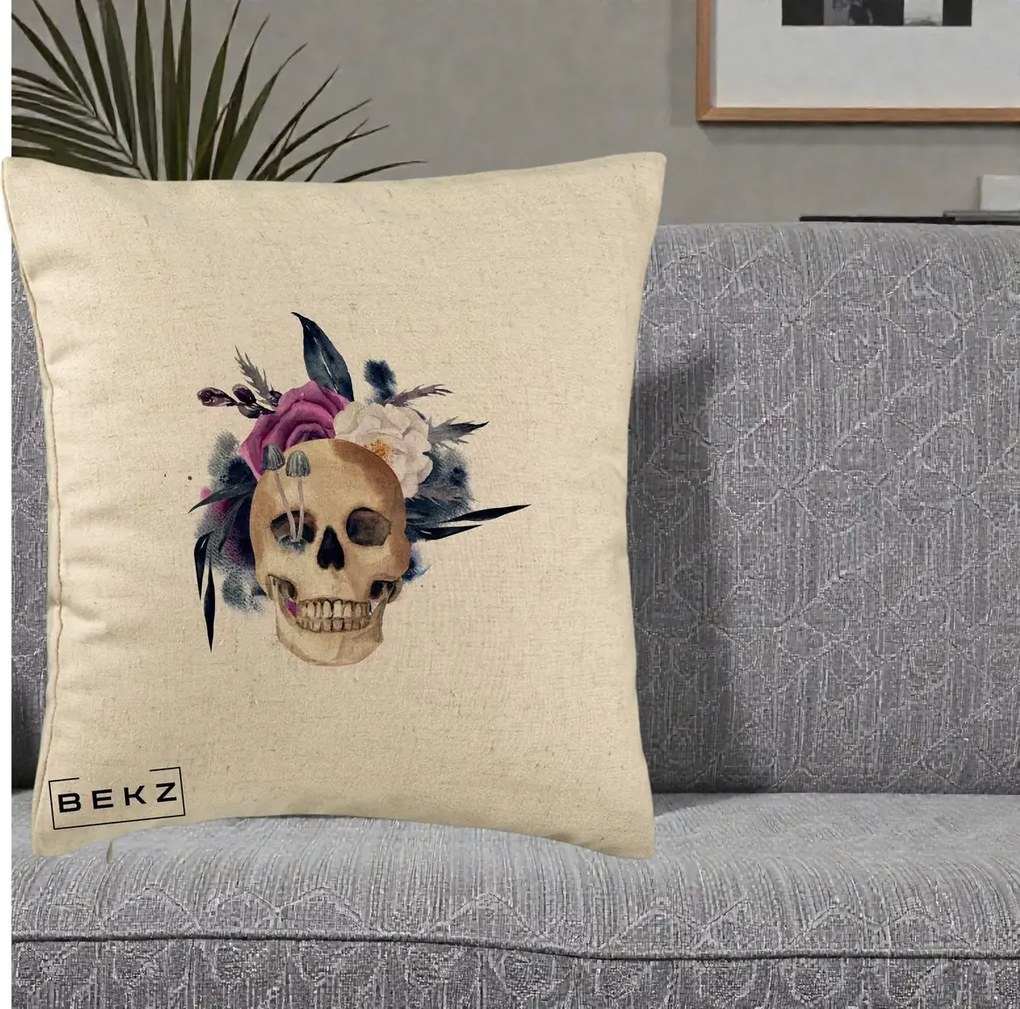 Perna Decorativa Craniu Floral cu Trandafiri si Ciuperci, 40x40 cm, Bej, Husa Detasabila, Perna Inclusa, BEKZ®