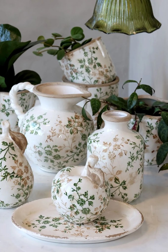 Ghiveci decorativ tronconic alb din ceramică antichizată, pictat manual, cu decor floral-vegetal, 14,5x18 cm, „Grasse"