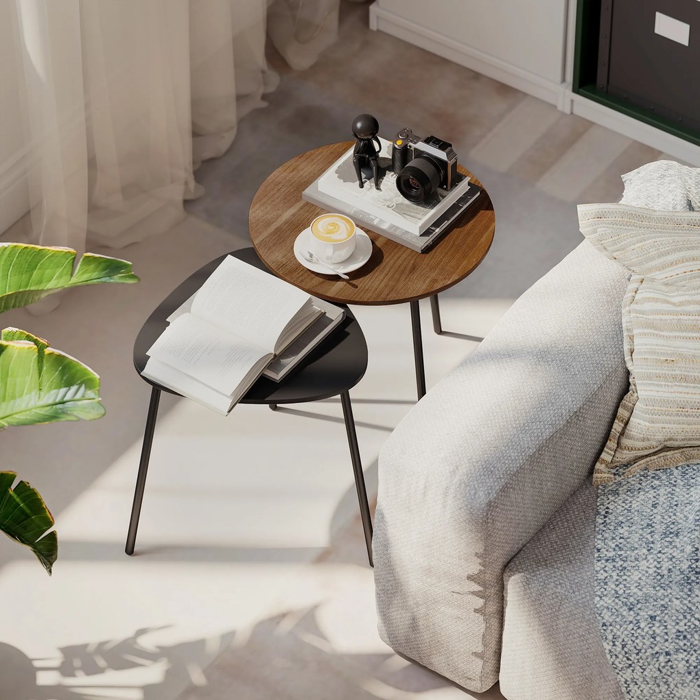 HOMCOM Set 2 Măsuțe de Cafe Suprapunibile cu Cadru din Metal Nuc și Negru | Aosom Romania