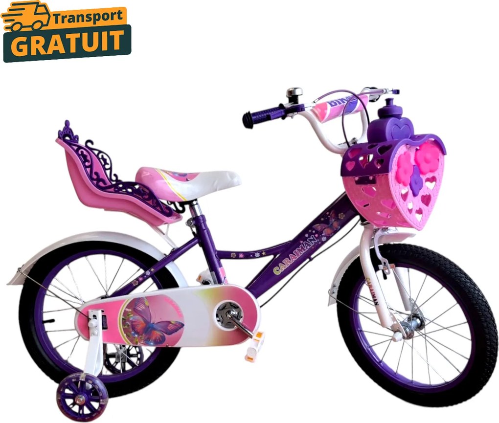 Bicicleta copii mov Caraiman 14   16 inch, cu roti ajutatoare, cos si scaunel papusa