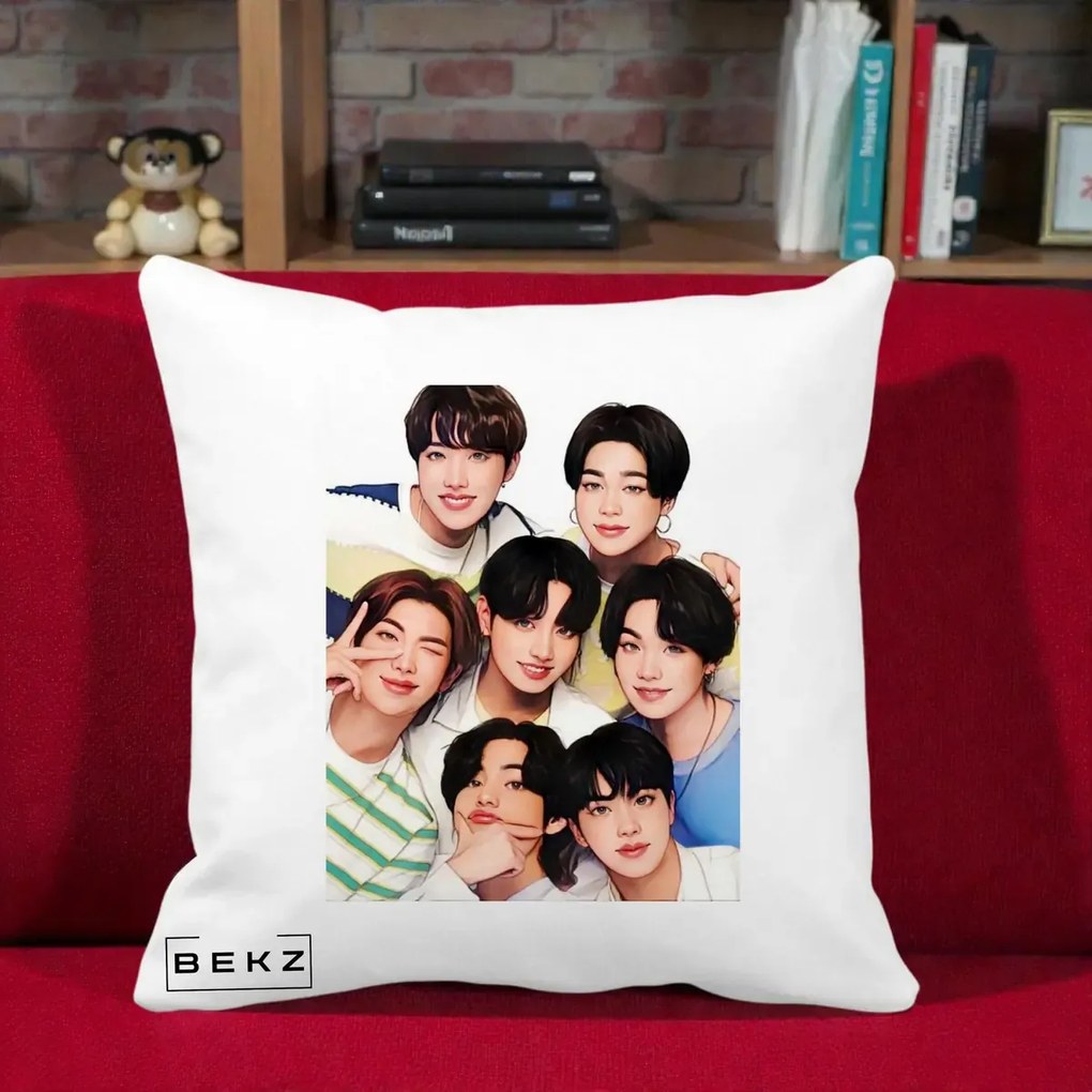 Perna Personalizata K-pop BTS Bangtan Boys Portret Grup Fanart, 40x40 cm, Alba Mata, Husa Detasabila, Perna Inclusa, BEKZ®