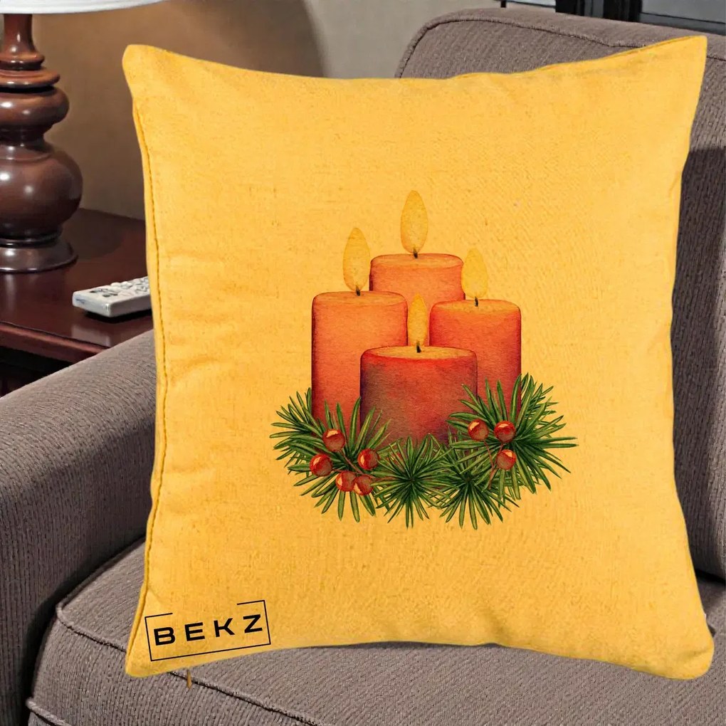 Perna Decorativa Lumanari Advent Roz-Violet, 40x40 cm, Galben, Husa Detasabila, Perna Inclusa, BEKZ®