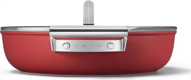 Oală joasă cu capac Smeg CKFD2811RDM, 28 cm, 3,7 l, acoperire antiaderentă cu 3 straturi, rezistentă la cuptor până la 250 °C, fără PFAS, compatibilă cu plitele cu inducție, roșie