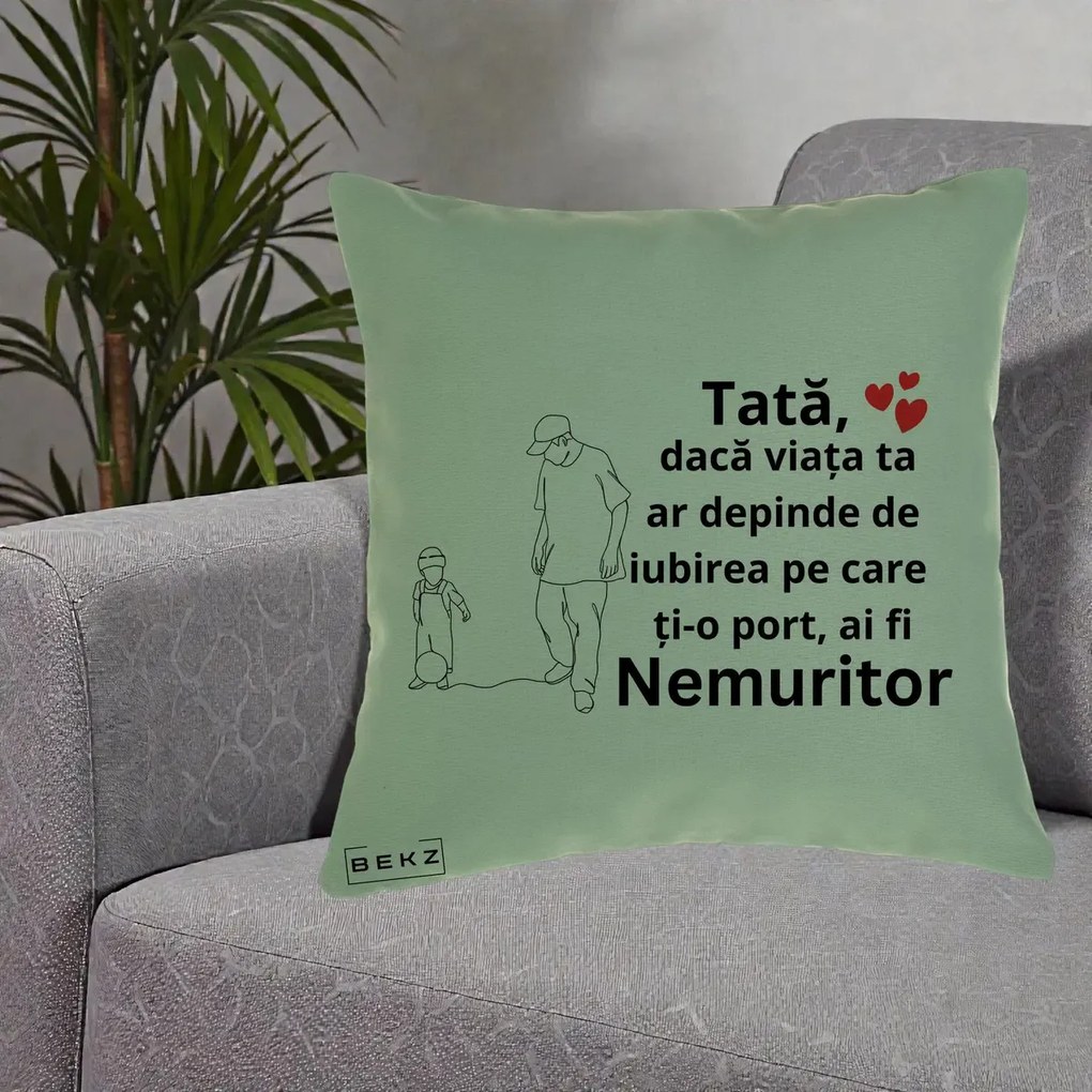 Cadou pentru Tata - Perna Personalizata Tata Nemuritor Joaca cu Mingea, 40x40 cm, Verde, Husa Detasabila, Perna Inclusa, BEKZ®