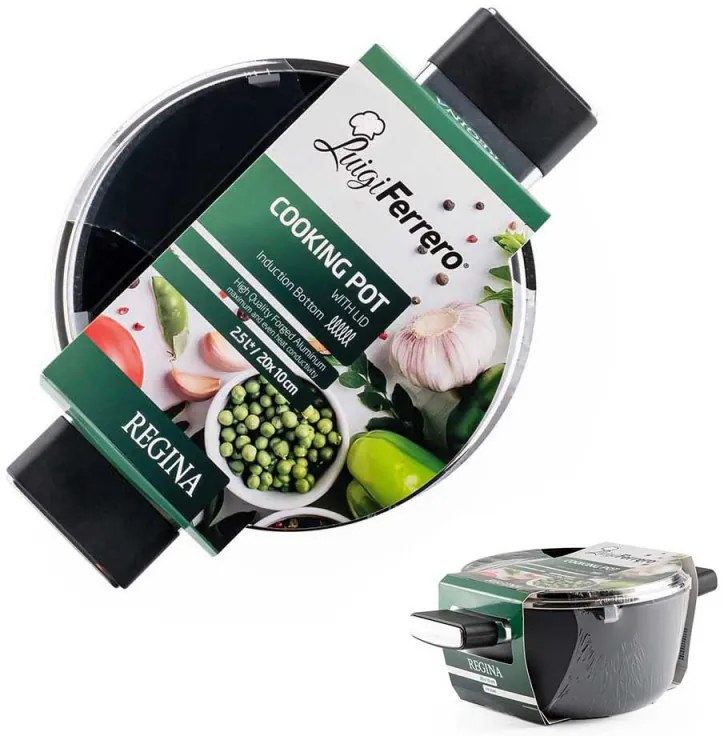 Cratiță Luigi Ferrero Regina FR-2040 20x10 cm, 2,5 l, Acoperire antiaderentă cu efect de marmură, Capac din sticlă cu orificiu pentru abur, Negru