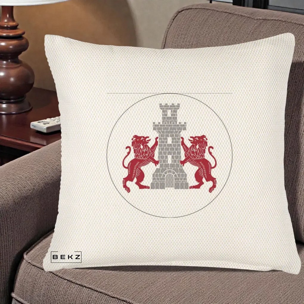Perna Personalizata Cetatea Turnu Magurele Heraldic, 40x40 cm, Crem Reliefat, Husa Detasabila, Perna Inclusa, BEKZ®