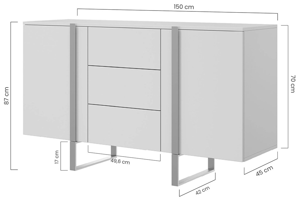 Comoda Verica 150 cm cu trei sertare - stejar / picioare aurii