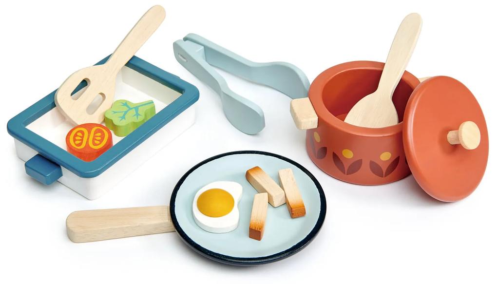 Tender Leaf Toys - Set de vase si ustensile pentru gatit din lemn - Pots and Pans