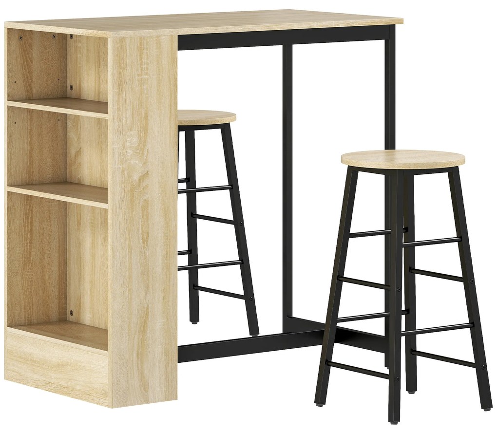 HOMCOM Set masă de bar cu tabureți, compartimente deschise, raft reglabil și suporturi pentru picioare, stejar și negru | Aosom Romania