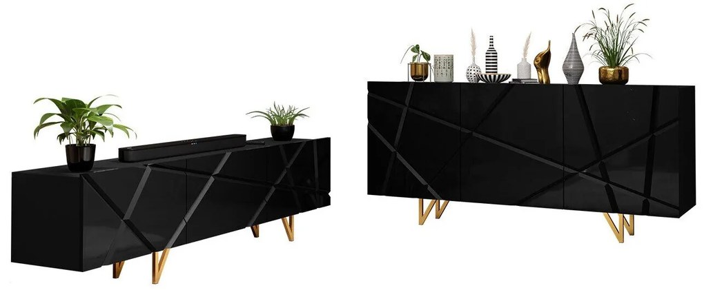 Camera de zi Merced M102Negru lucios, Negru, Părți separate, Cu comodă tv, Cu componente suplimentare, MDF, PAL laminat, 76x37cm, 80 kg