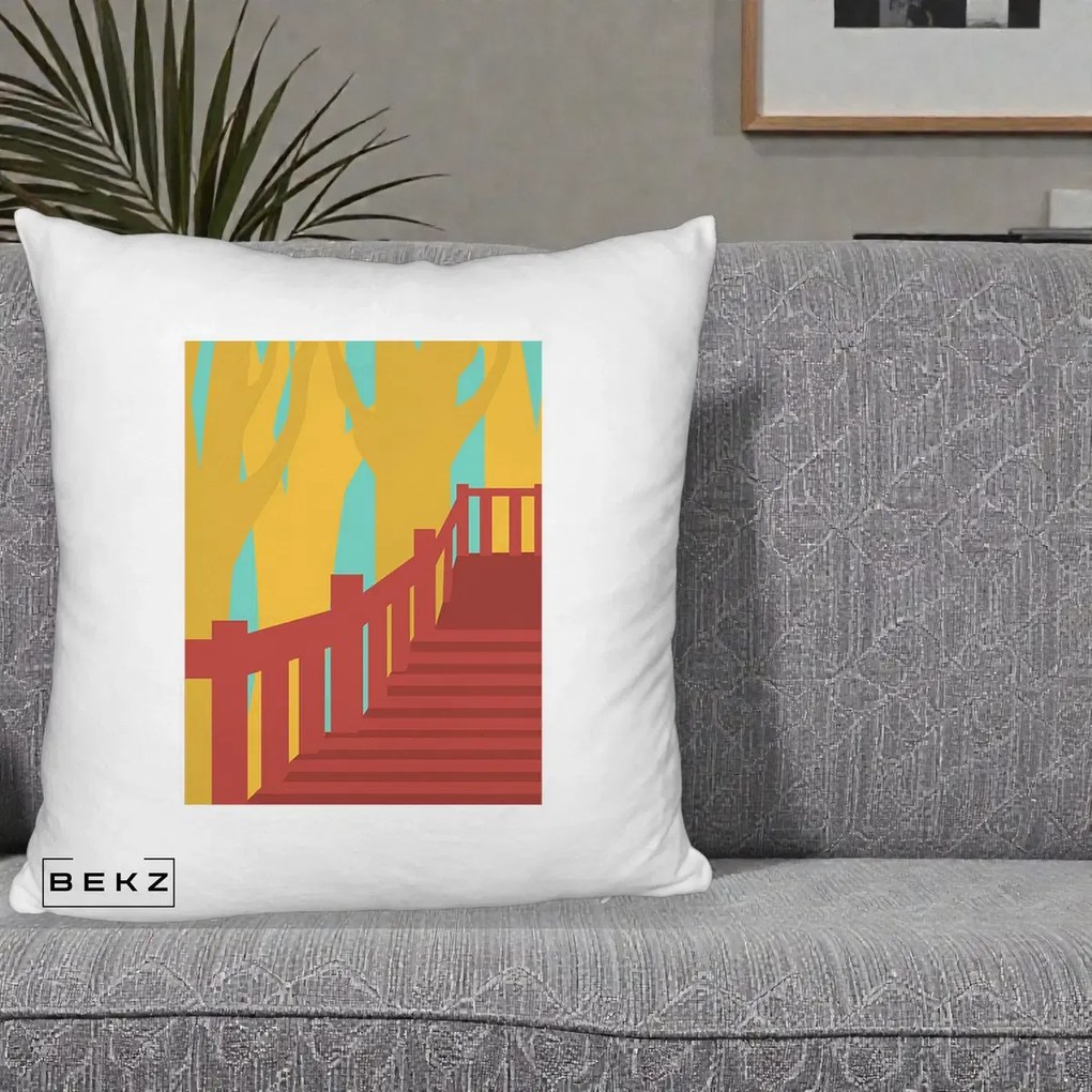 Perna Decorativa Scari Toamna Peisaj Grafic, 40x40 cm, Alb Pufos, Husa Detasabila, Perna Inclusa, BEKZ®