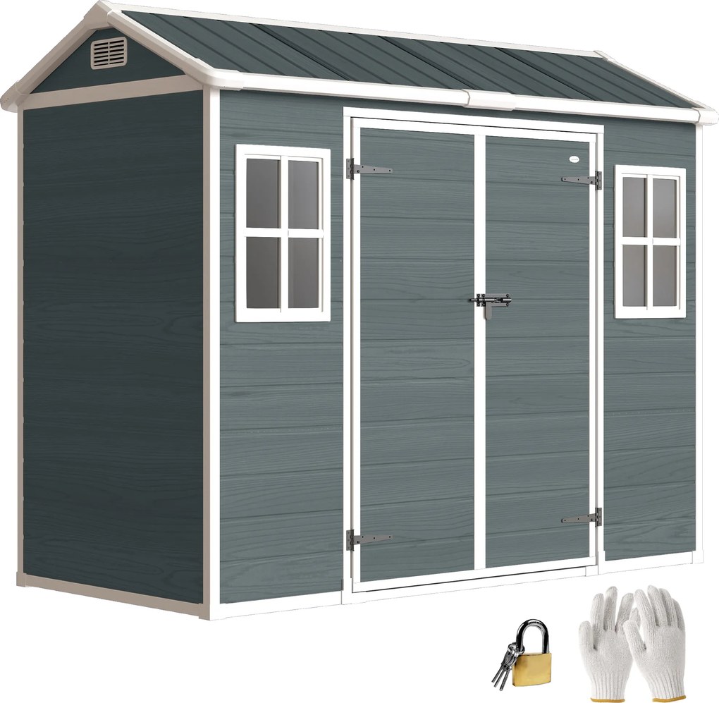 Outsunny Magazie pentru scule 2,77 m², magazie cu aspect lemn 2 ferestre ușă dublă ventilație pardoseală încuietoare mănuși | Aosom Romania