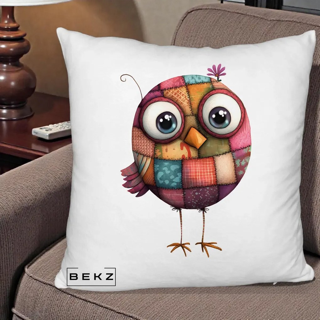 Perna Decorativa Pasare Patchwork Roz cu Floare, 40x40 cm, Alb Pufos, Husa Detasabila, Perna Inclusa, BEKZ®