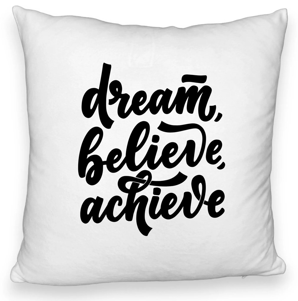 Perna Decorativa Fluffy, Model Dream Believe Achieve, 40x40 cm, Alba, Husa Detasabila, Burduf