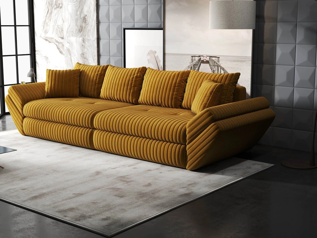 Canapea extensibilă dumonde cu ladă de depozitare si sezut confortabil din spuma high-density, Loana Ambience Mustar 300x100 cm