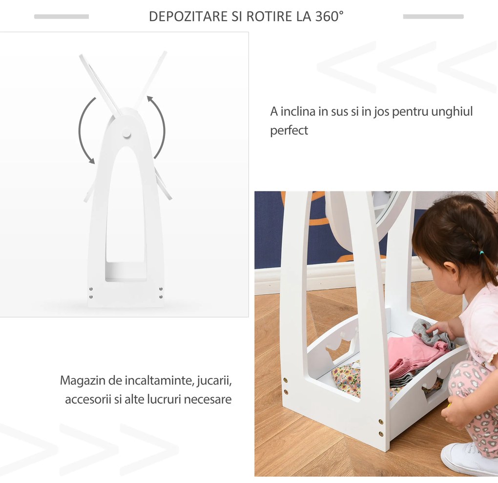 Oglinda pentru Dormitorul copiilor Pivotanta , Oglinda de Podea pentru Copii din Lemn Alb cu Raft de Depozitare 40x30x104cm | Aosom RO