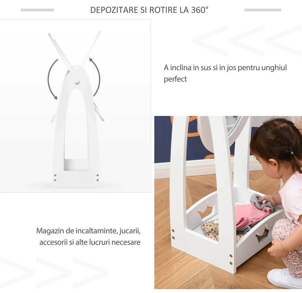 Oglinda pentru Dormitorul copiilor Pivotanta , Oglinda de Podea pentru Copii din Lemn Alb cu Raft de Depozitare 40x30x104cm | Aosom RO