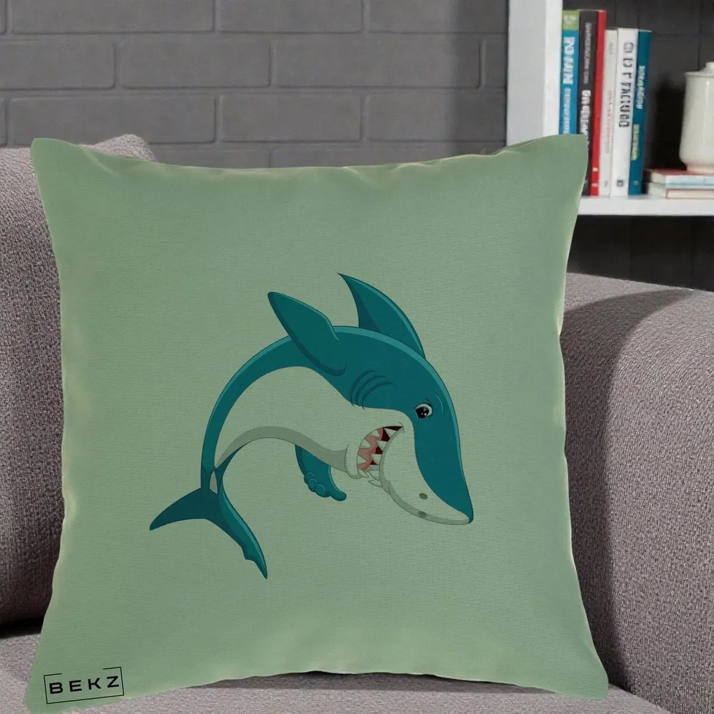 Perna Decorativa Rechin Albastru Cartoon, 40x40 cm, Verde, Husa Detasabila, Perna Inclusa, BEKZ®