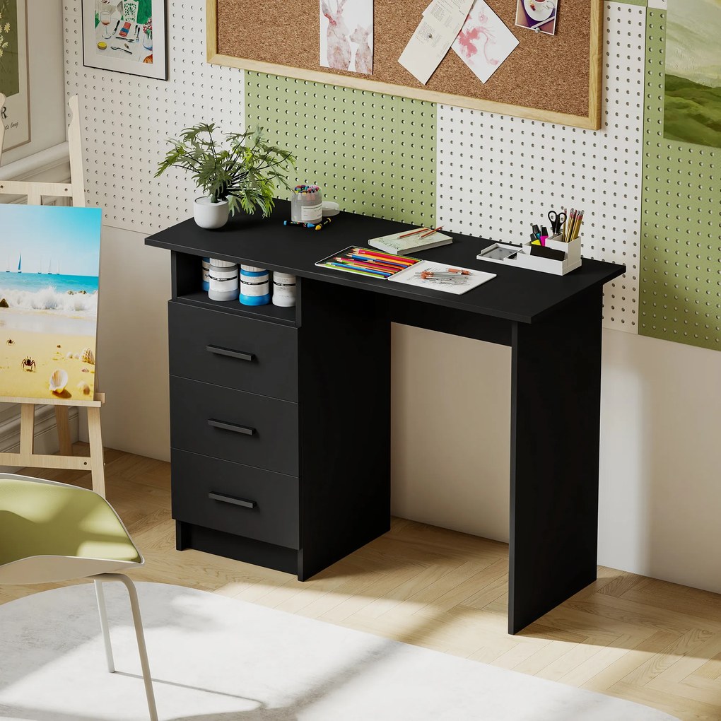 HOMCOM Birou Modern din Lemn cu 3 Sertare și Raft Deschis, 100x40x75 cm, Negru și Maro | Aosom Romania
