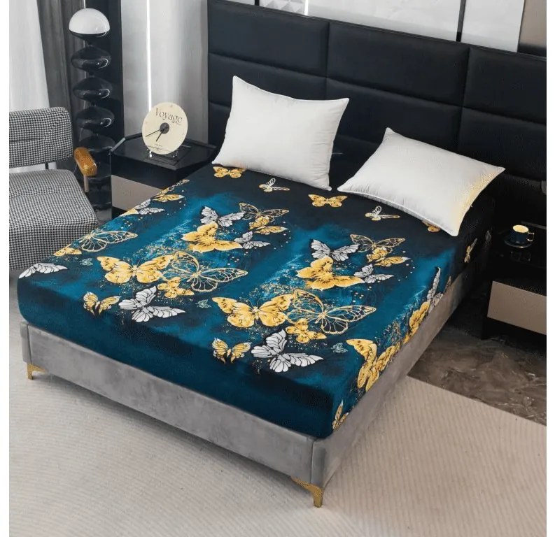 Cearsaf Cocolino microplus cu elastic FLUTURE AURIU SI ALB 180x200 cm verde inchis