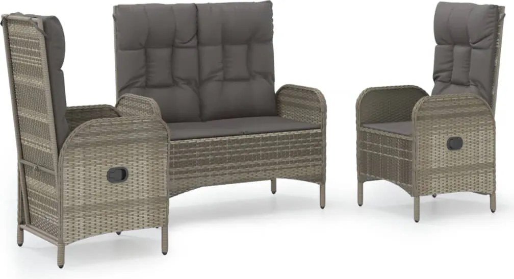 vidaXL Set mobilier de grădină cu perne, 3 piese, gri, poliratan