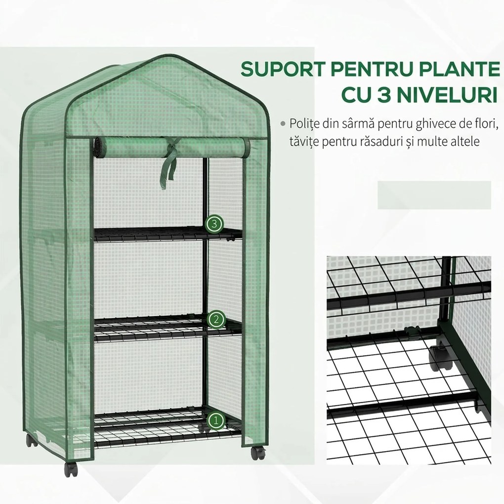 Outsunny Mini sera pe 3 nivele cu acoperis PE intarit si roti, Sera portabila pentru interior si exterior cu usa care poate fi rulata | Aosom Romania