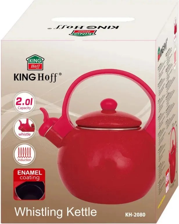 Ceainic cu fluier Kinghoff KH 2080, 2 l, interior emailat, compatibil cu plitele cu inducție, roșu
