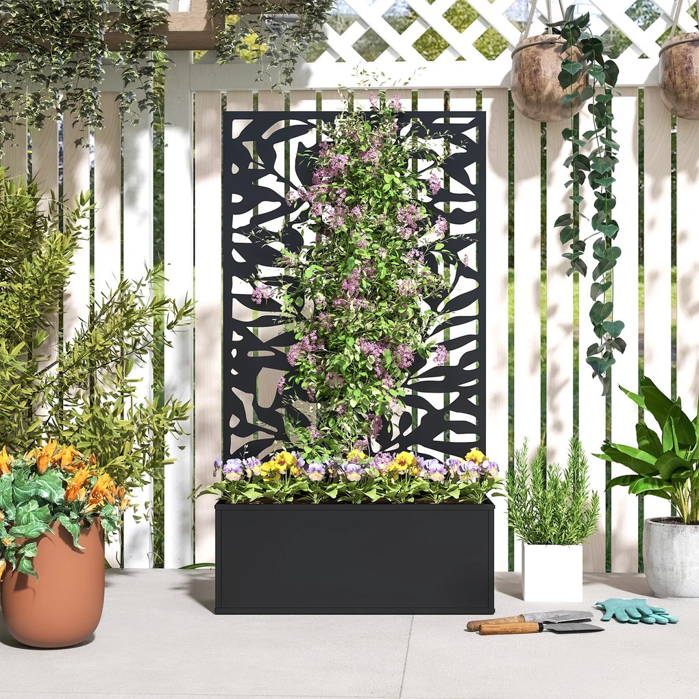 Outsunny Jardinieră cu spalier ghiveci dreptunghiular mărime mare panou de intimitate metal 61 x 23 x 113 cm negru | Aosom Romania