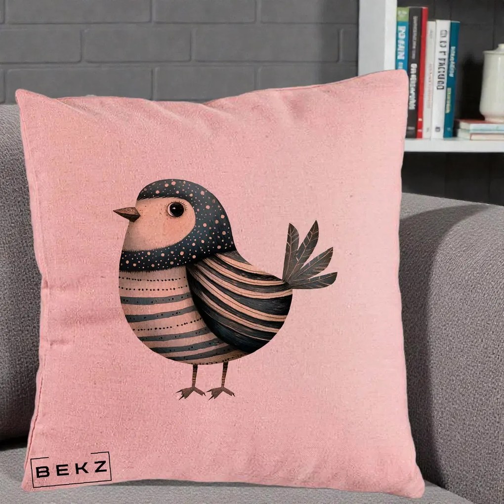 Perna Decorativa Pasare Teal Decorativa Dungata, 40x40 cm, Roz, Husa Detasabila, Perna Inclusa, BEKZ®