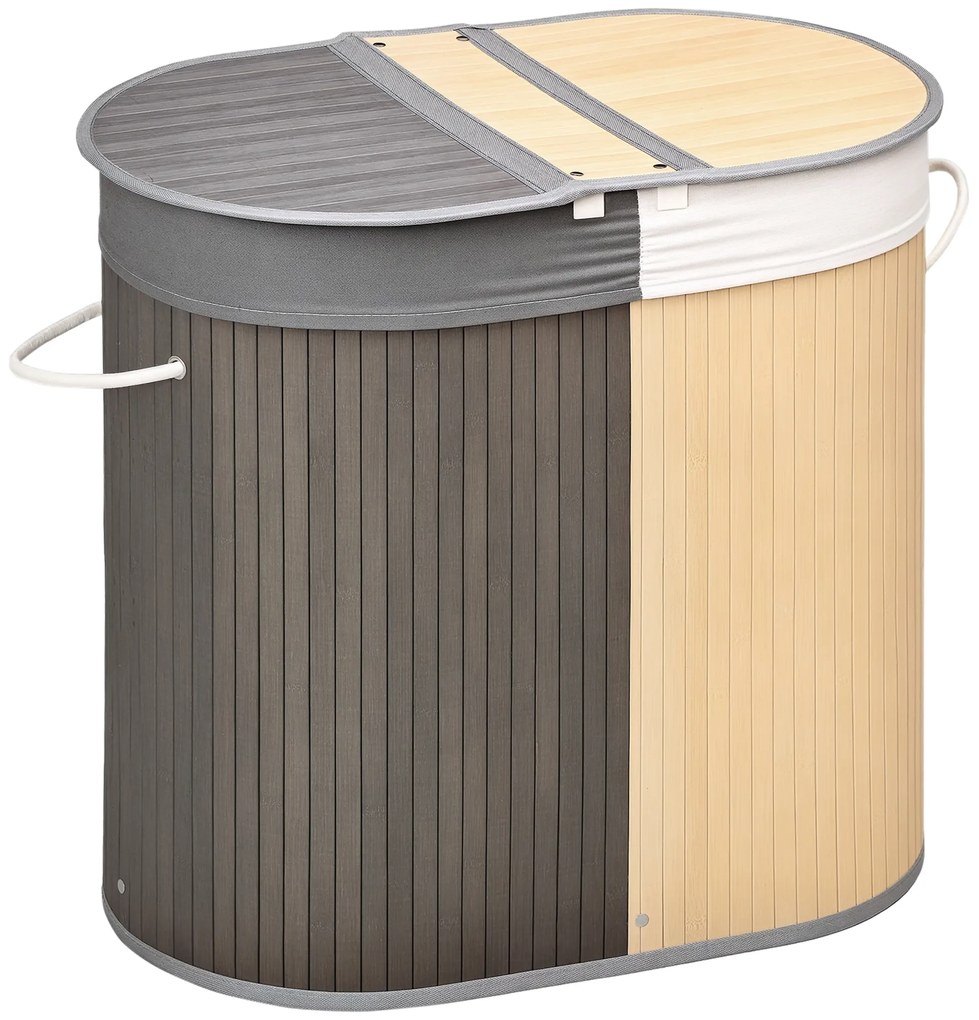 HOMCOM Cos de rufe din bambus 100L cu 2 sectiuni, capac si sac detasabil 62,5 x 37 x 60,5 cm - gri | Aosom Romania