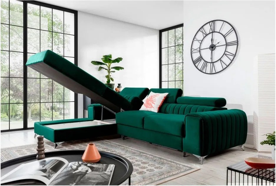 Colțar verde extensibil/cu spațiu de depozitare cu tapițerie din catifea (cu colț pe partea stângă/cu șezlong) Grayson – ELTAP