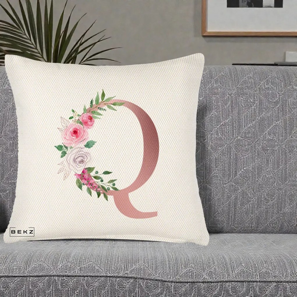 Cadou Personalizat - Perna Personalizata Monograma Rose Gold Litera Q, 40x40 cm, Crem Reliefat, Husa Detasabila, Perna Inclusa, BEKZ®