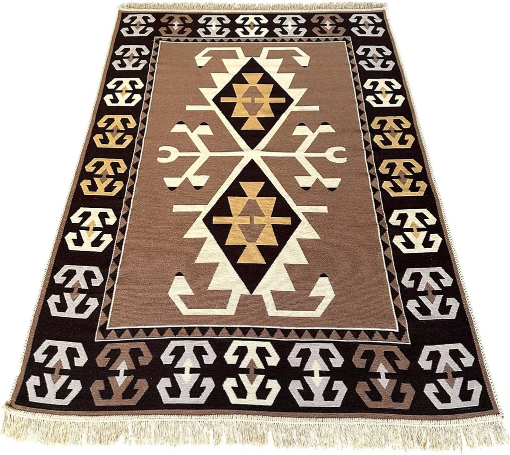 Covor Traditional Tesut cu 2 Fete, 80x150 cm, Model Etnic Maro-Bej
