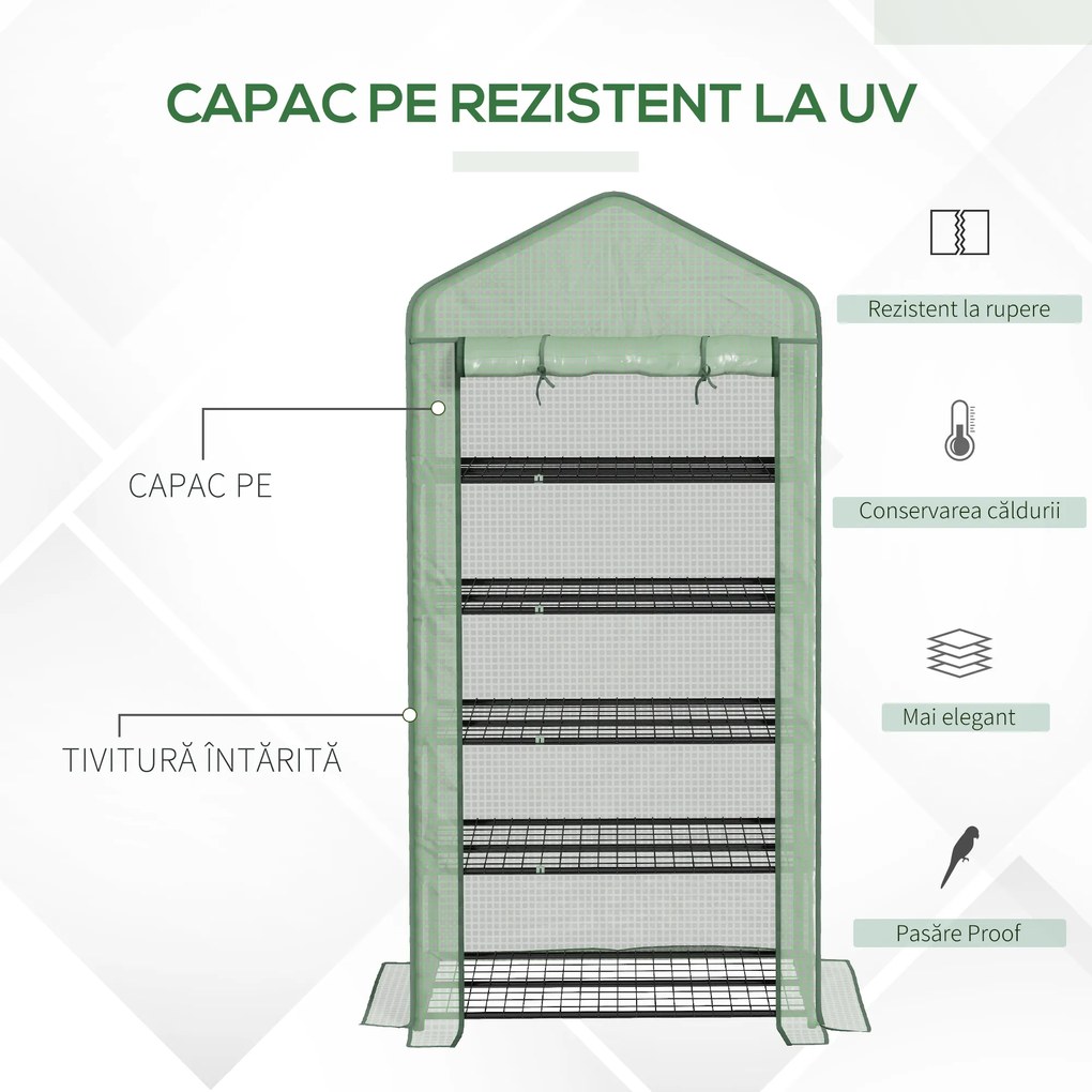 Outsunny Seră Mini pe 5 Niveluri cu Husă Ranforsată, Seră Portabilă cu Ușă Rulabilă și Rafturi de Sârmă, 193x90x49 cm, Verde | Aosom Romania