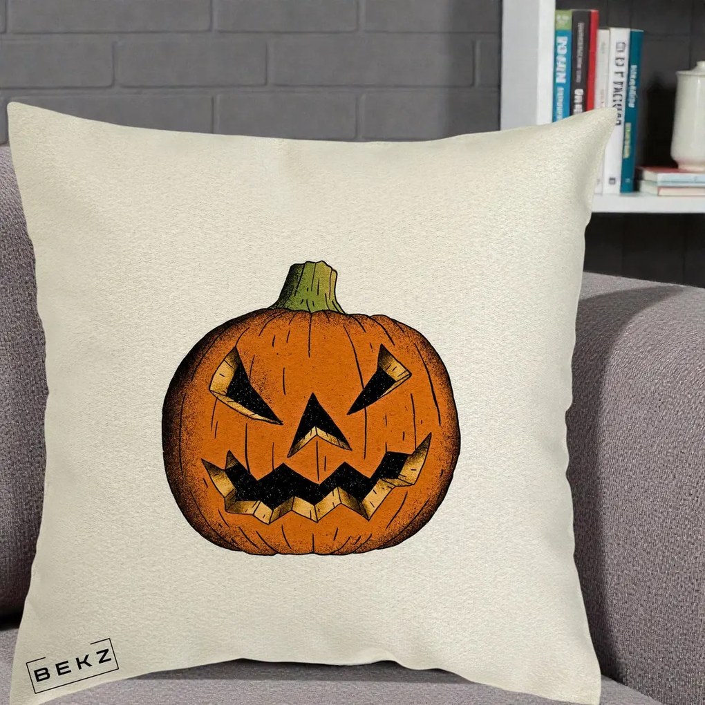 Perna Decorativa Halloween Dovleac Portocaliu Clasic, 40x40 cm, Ecru, Husa Detasabila, Perna Inclusa, BEKZ®