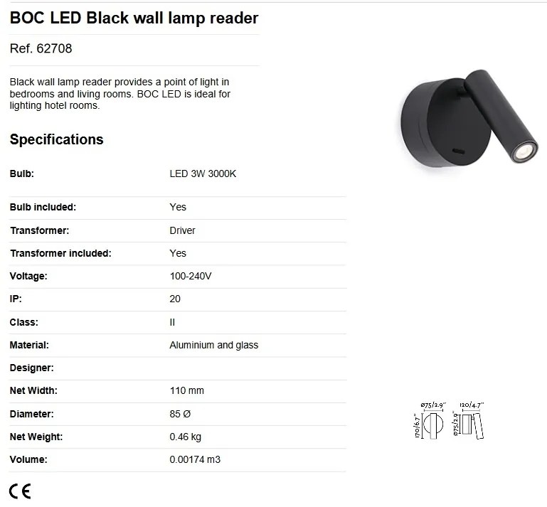 Aplica moderna cu reader LED design minimalist BOC neagra