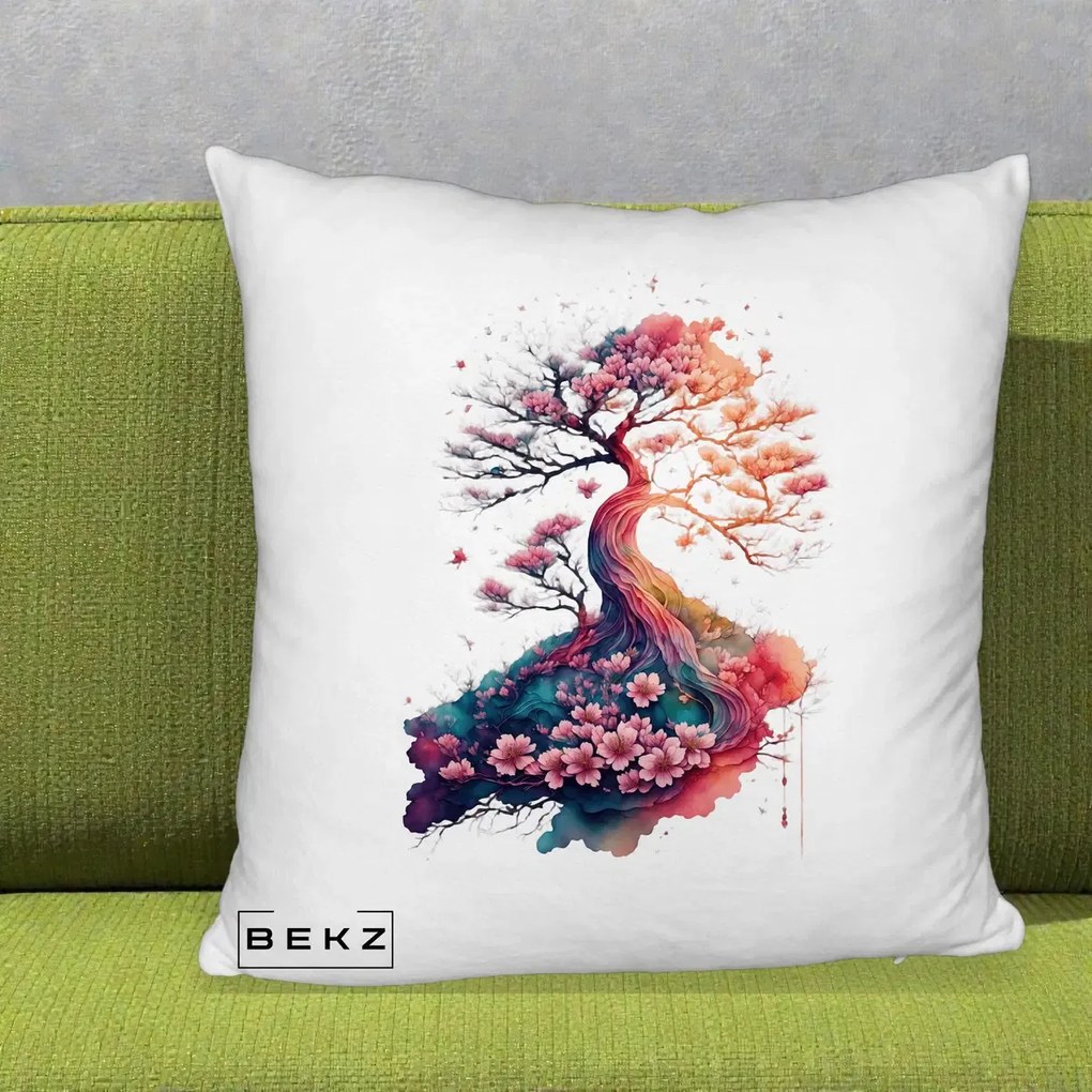 Perna Decorativa Copac Sakura Acuarela Fantasy, 40x40 cm, Alb Pufos, Husa Detasabila, Perna Inclusa, BEKZ®