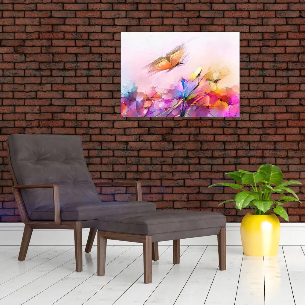 Tablou pe sticlă - Fluture asupra florilor, abstracție (70x50 cm)