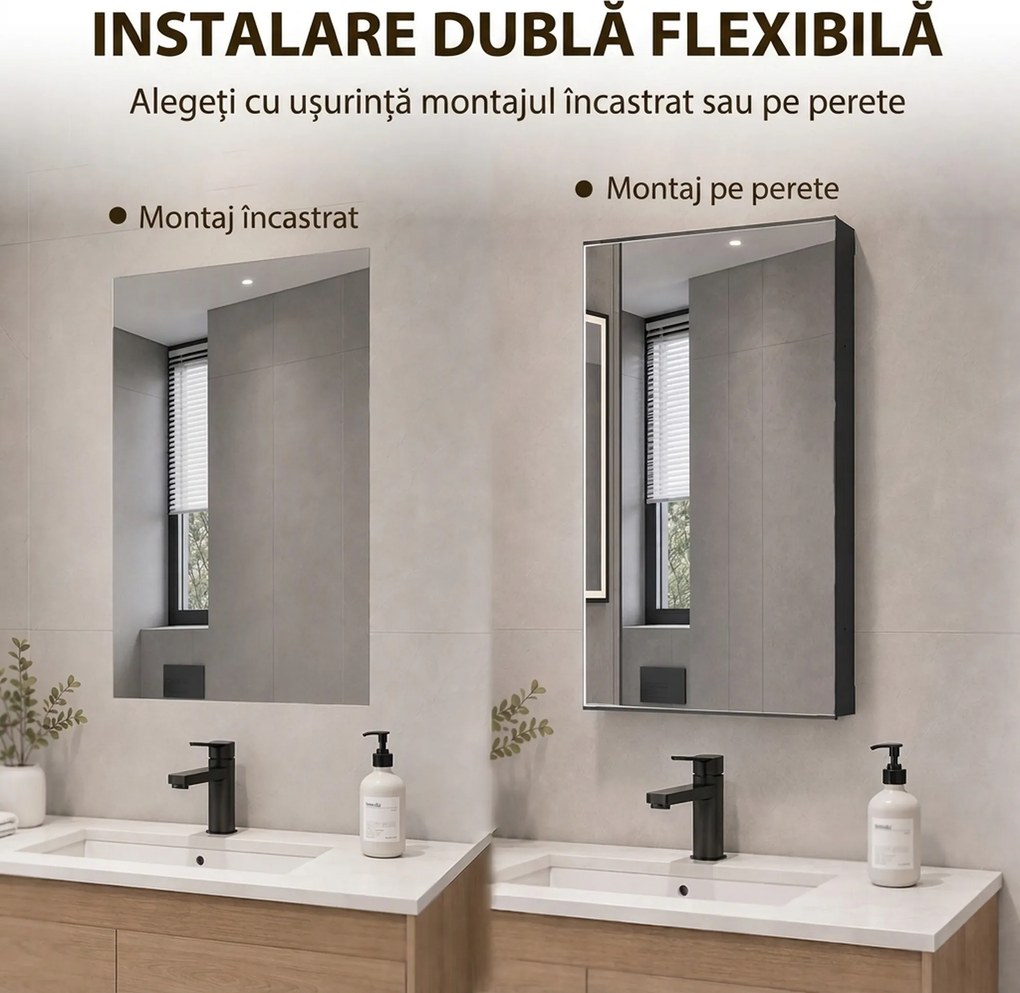 HOMCOM Dulap de baie cu oglindă, raft reglabil, panou multifuncțional, negru | Aosom Romania