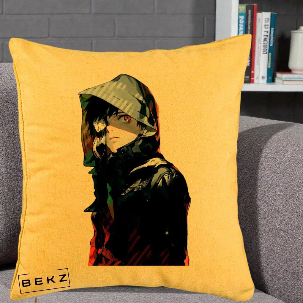 Perna Personalizata Tokyo Ghoul Ken Kaneki cu Masca si Gluga, 40x40 cm, Galben, Husa Detasabila, Perna Inclusa, BEKZ®