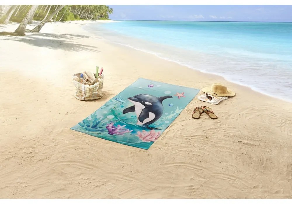 Prosop de plajă albastru din catifea pentru copii 75x150 cm Splash – Good Morning