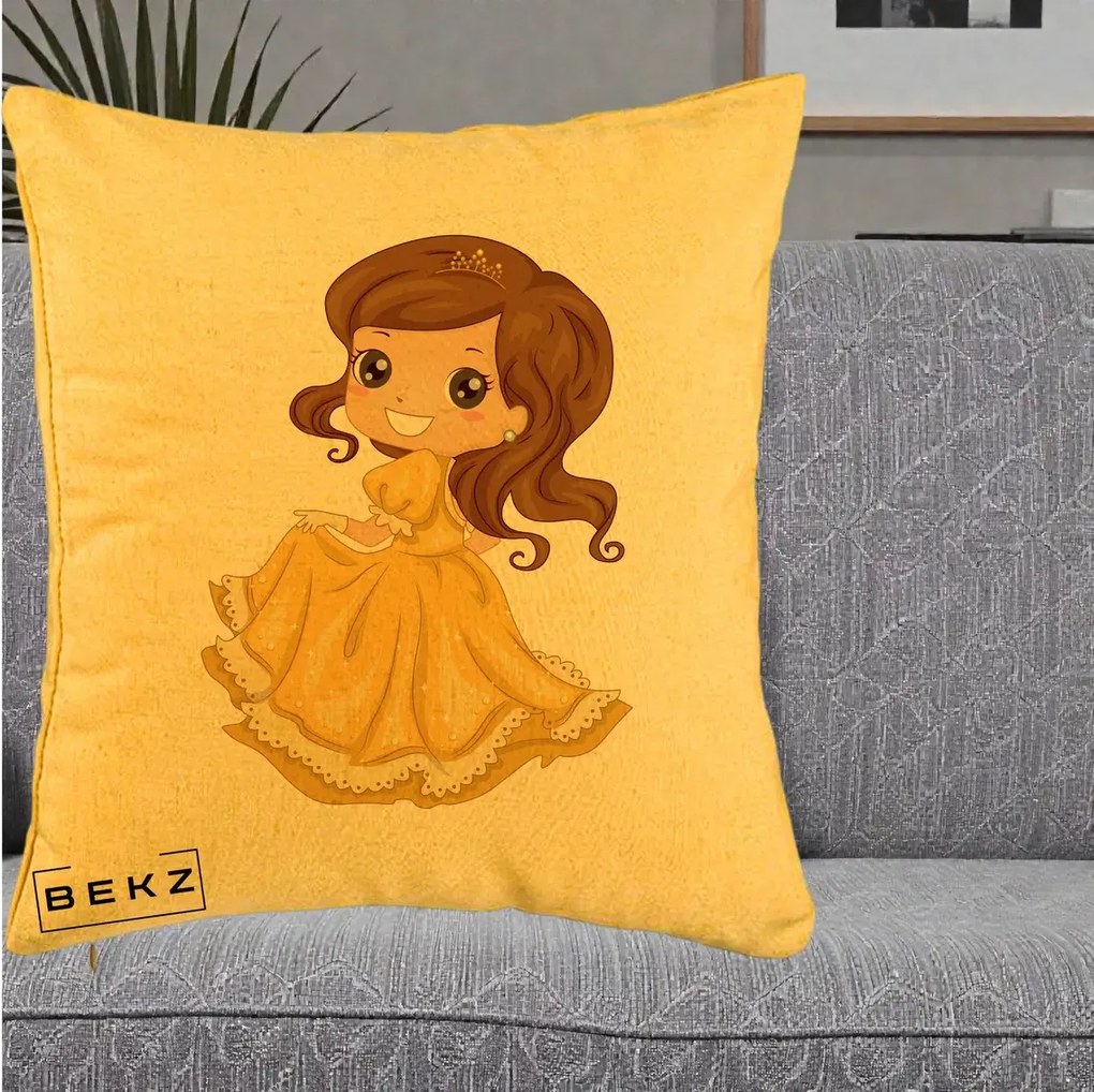 Perna Decorativa Printesa Bella Rochie Aurie, 40x40 cm, Galben, Husa Detasabila, Perna Inclusa, BEKZ®