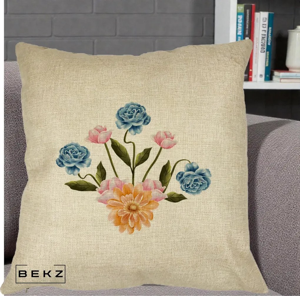 Perna Decorativa Buchet Primavara Acuarela, 40x40 cm, Crem, Husa Detasabila, Perna Inclusa, BEKZ®