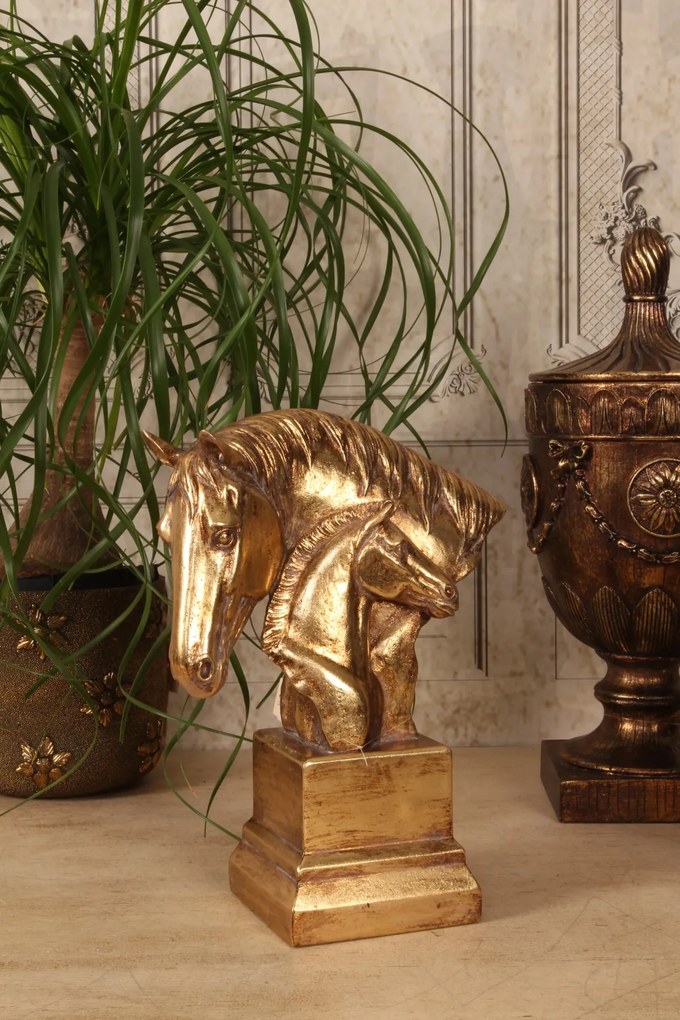 Statuetă decorativă din polirășină, auriu, două capete de cal, 30 x 23 x 11,5 cm, „Pollux”
