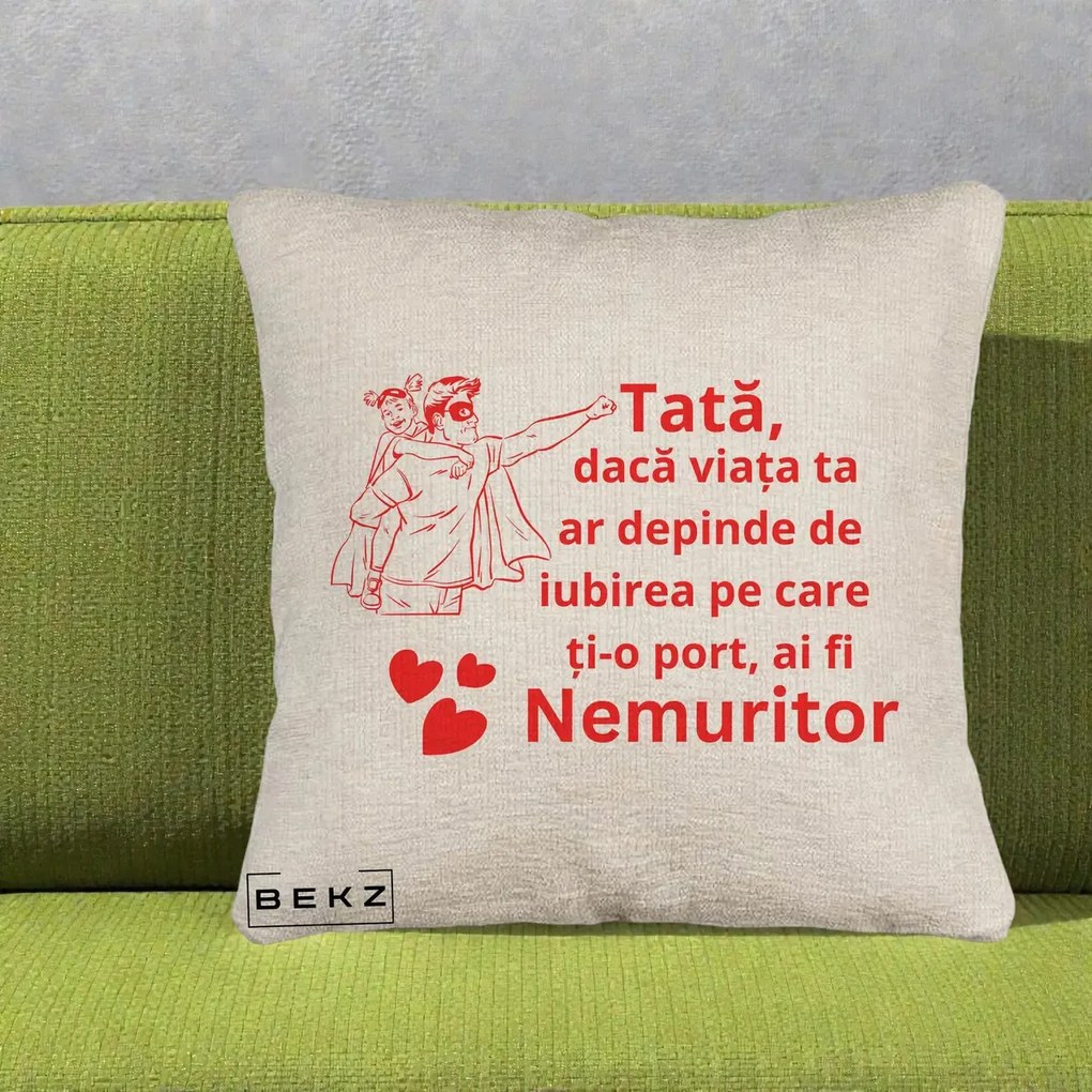 Cadou pentru Tata - Perna Personalizata Tata Nemuritor cu Fetita, 40x40 cm, Bej Canapea, Husa Detasabila, Perna Inclusa, BEKZ®